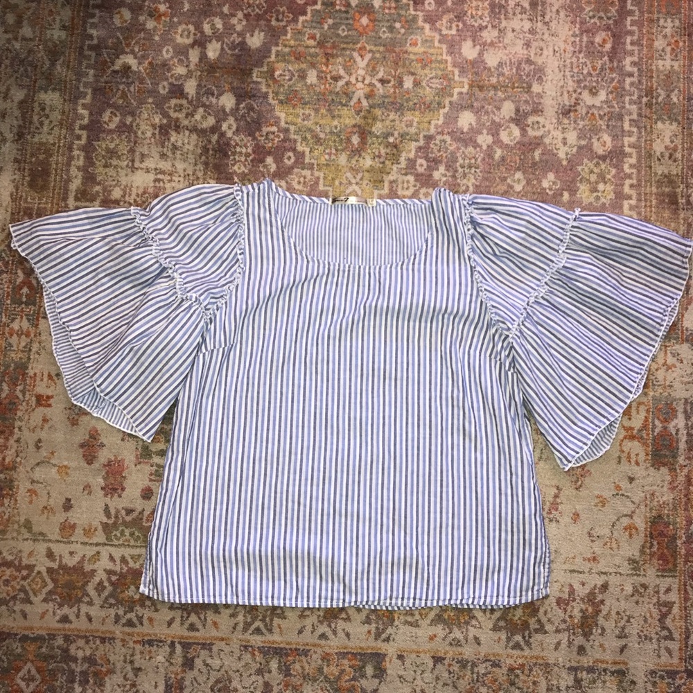 Seven 7 Blue White Stripe Boho Peasant Top Bell Sleeve Blouse Cotton Size Large